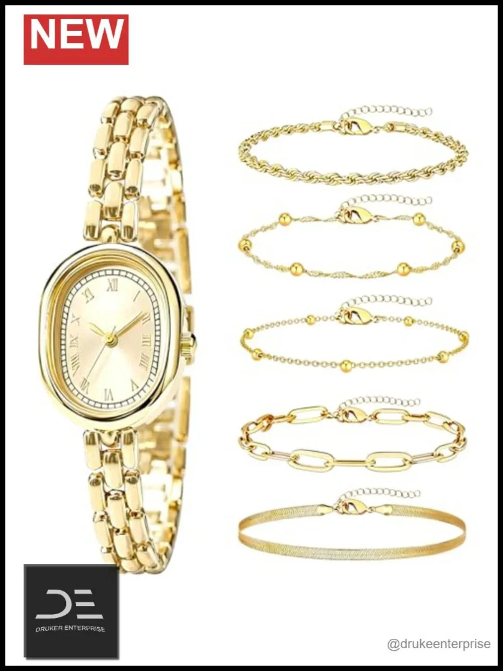 Gold Plated Watch & Bracelet Set Stainless Steel 6 Piece Stackable